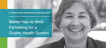 Front cover of Health Qualty Ontario's Strategic Plan, featuring a portait of an employee