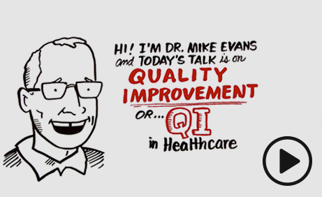 Dessin du Dr Mike en train de parler d’amélioration de la qualité dans le domaine de la santé 