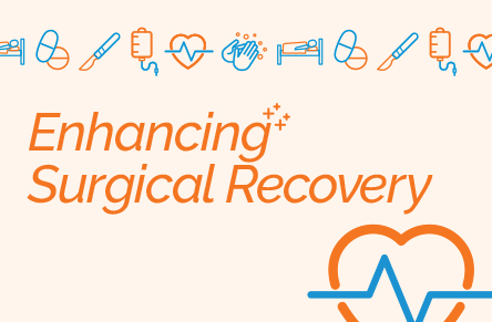 Ontario Surgical Quality Improvement Network Enhancing Surgical Recovery campaign wordmark featuring icons of pills, a surgical scalpel, a patient in a hospital bed, an IV drip, handwashing and a heart monitor