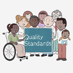 Animated people standing around a Quality Standards sign